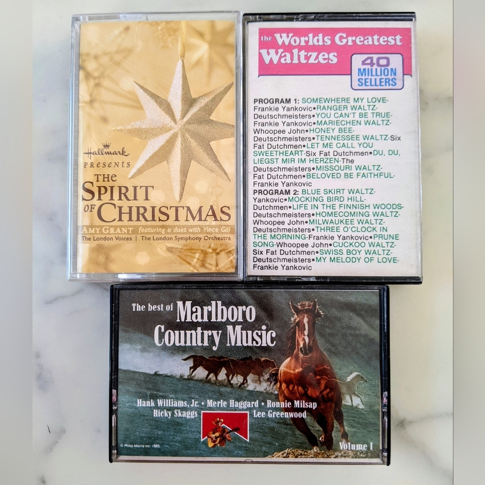 Spirit of Christmas, Worlds Greatest Waltzes, Marlboro Country Music Cassettes.